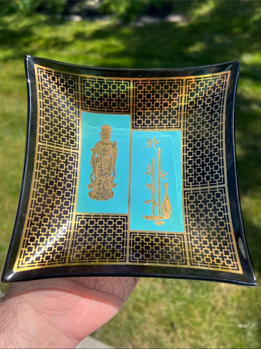 Vintage Houze Asian Chinese Goddess Square Glass Turquoise 24K Gold Plate Dish